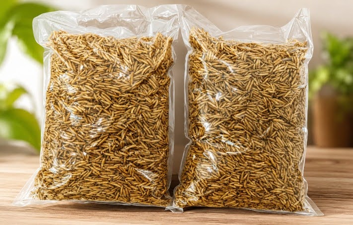 Microwave dried Black Soldier Fly larvae in two clear 2.27 kg packs