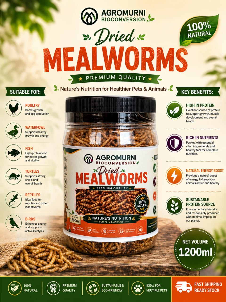 Dried mealworms in a clear 1200 ml jar with a screw lid