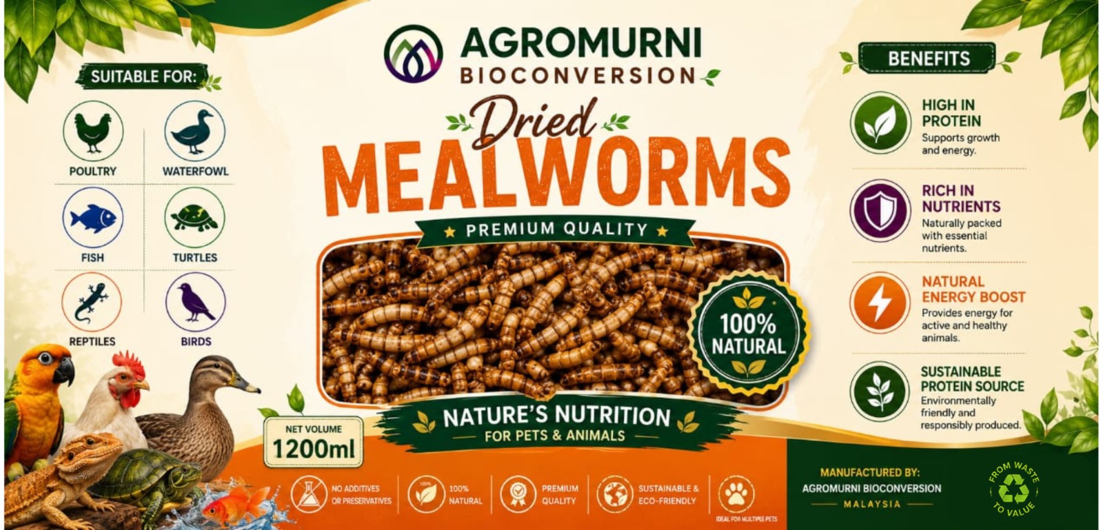 Agromurni Dried Mealworms label showing suitable animals and product benefits